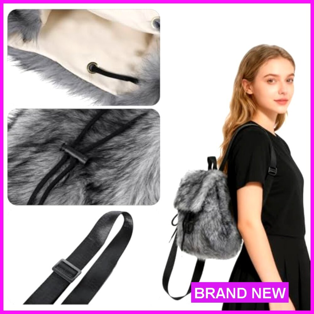 Faux Fur Mini Backpack Drawstring Rucksack Adjust… - image 2